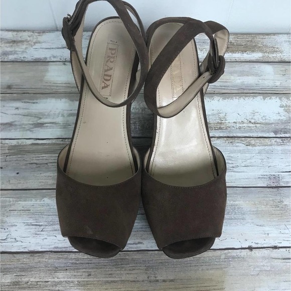PRADA Dark Brown Suede Wedges 37.5 - Picture 4 of 6